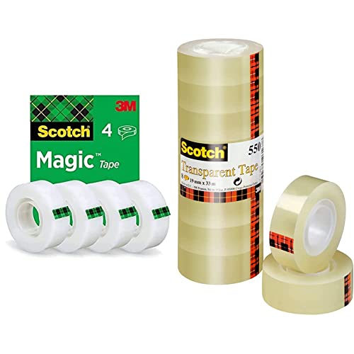 Ruban Adhésif Invisible Scotch Magic et Adhésif Transparent 550 - Pack de 12 Rouleaux 19mm x 33m