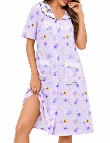 YOZLY Cotton Button Front Nightdress Housecoat with Pockets for Women