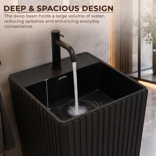 Image of Plantex Acrylic Resin & Quartz Free Standing Wash Basin /Pedestal Wash Basin /Square Basin for Bathroom /Home /Office /Hotel - (10049, Black)