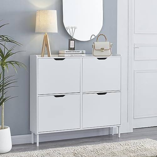 En.casa Schuhschrank Kragerø – Mit 3 Kipptüren & Verspiegelter Front, 115x60x24 Cm, Weiß, Für Bis Zu 18 Paar Schuhe