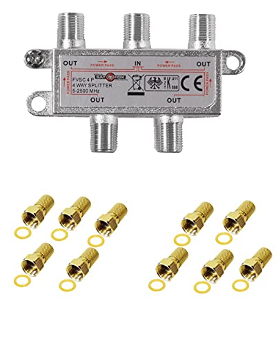 4-Fach Verteiler/Splitter inkl. 10 F Stecker; für Sat, Kabel TV, DVB T und UKW; HDTV; Metall-Gussgehäuse Cover