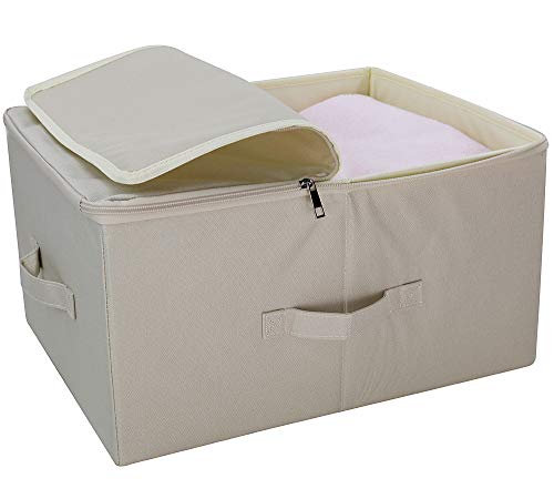 Image of Folding Wardrobe Clothing Storage Organizer Bins with Zip Lid, Beige, 2pcs | 45*35*25cm, Shelves storage baskets for clothes, beddings, blankets, duvets, pillows, 3-side Zipper & handles