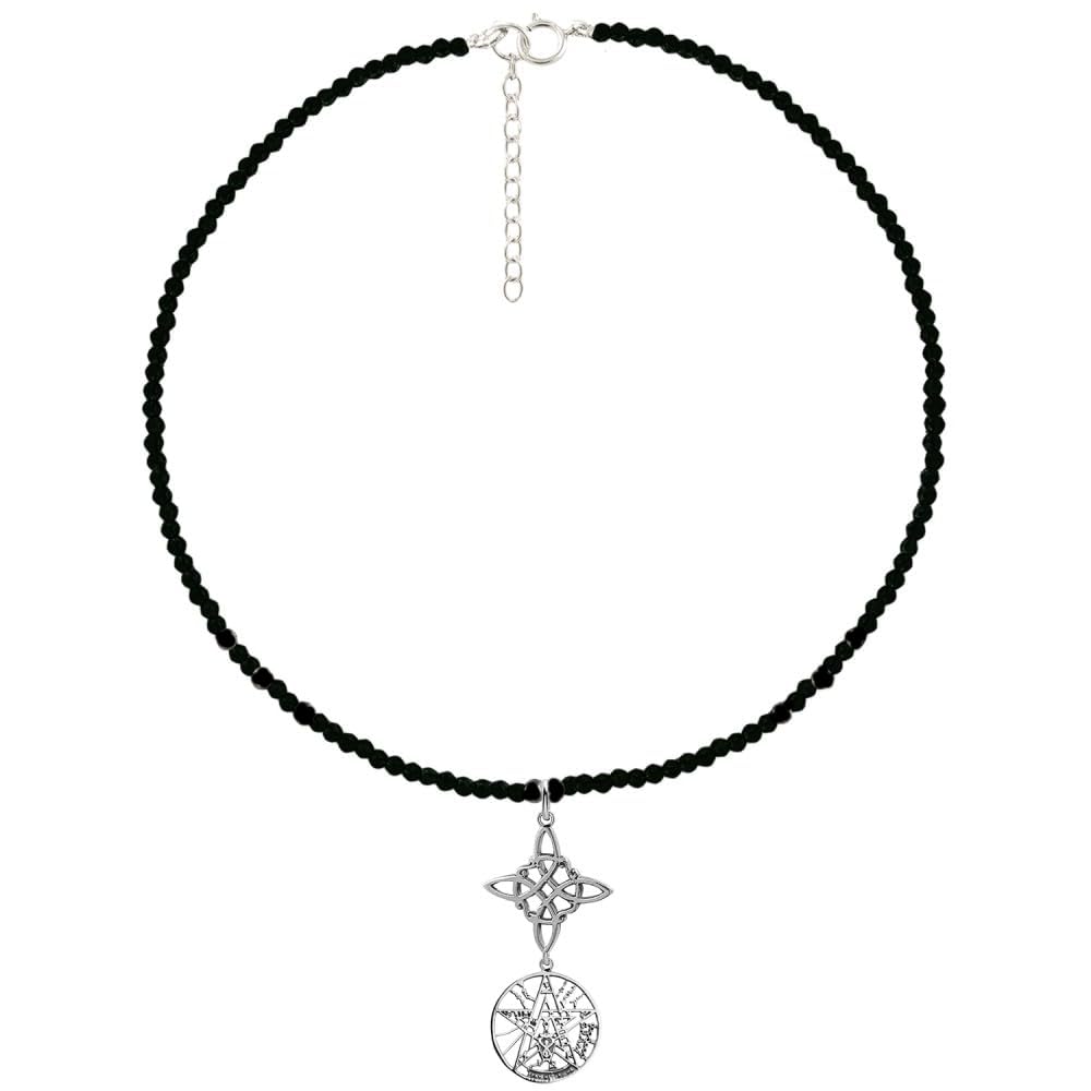 Halskette aus 925er-Sterlingsilber mit doppeltem Schutz, schwarzer Stein – handgefertigter Amulett für Damen – Spiritueller Schmuck mit Charm Anhänger Hexenknoten und Tetragramaton – 45 cm