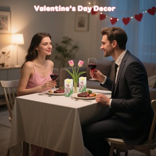Image of Tulip Flameless Candles Set of 2, 6 inchx3 inch Spring Candles with Remote & Timer | Flickering Real Wax Pillar Candles Battery Operated, Dimmable Electric LED Candles Light for Mother's Day Spring Easter Decor