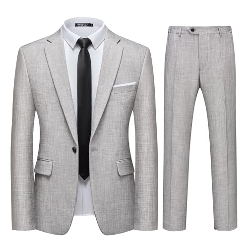 Men's 2 Piece Slim Fit Suit Set One Button Blazer Solid Jacket Pants Tuxedo Set, Suits for Prom Party Wedding & Business Light Gray