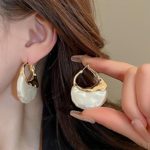 Trendy Gold Half Round Moon Pearl Earrings Statement for Women, Charm Vintage Unique Chunky Irregular Pearl Hoop Earrings Dainty Valentine Jewelry Gift4