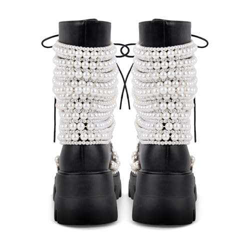 Platform Ankle Boots for Women Chunky Heel Lace-Up Combat Boots with Rhinestones Pearls Chains4