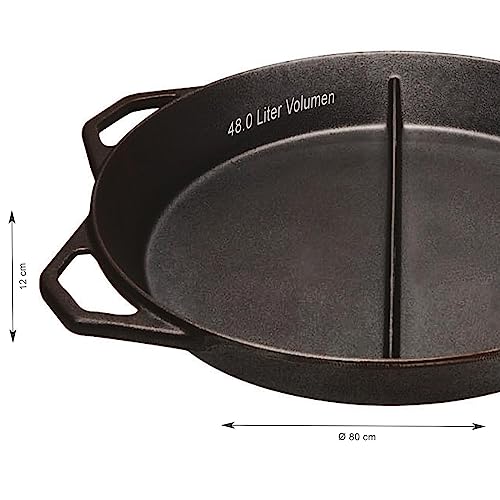 SKK große XL Pfanne Ø 80 cm - Outdoor Riesenpfanne Eisenguss - geteilte Guss-Bratpfanne 3 Griffe Mittelsteg - ideal für Grillpartys - Made in Germany