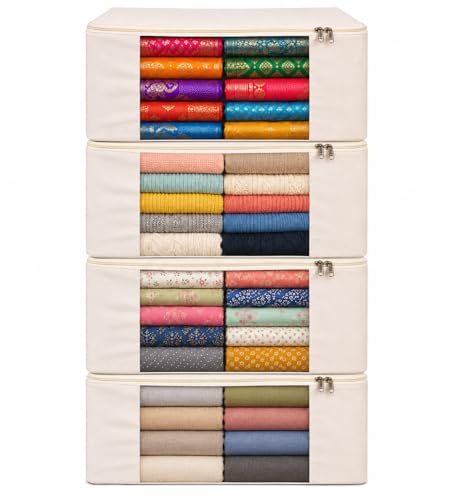 Image of Kottify 4 Pack Cotton Canvas Clothes Storage Bags /Saree Covers with Zip for Storage Specially Design for Woman Dresses, Sarees, Lehengas for Wardrobe Organizer (43cm x 36cm x 17.8cm),Beige