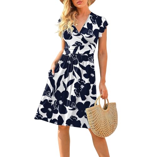 CLOUSPO Damen Sommerkleider Elegant V-Ausschnitt Boho Strandkleider Knielang Rüschen Ärmel Midi Kleid Retro Casual A-line Freizeit Kleider mit...