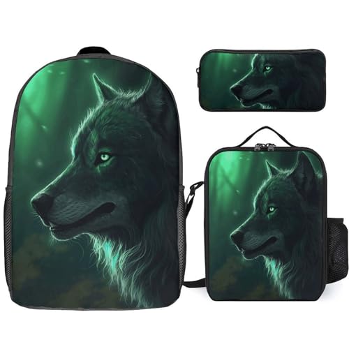 3 Piece Backpack for Women Men Lightweight Causal Daypack Shoulder Bag Set with Insulated Lunch Bag And Pencil Case Organizers Green Wolf