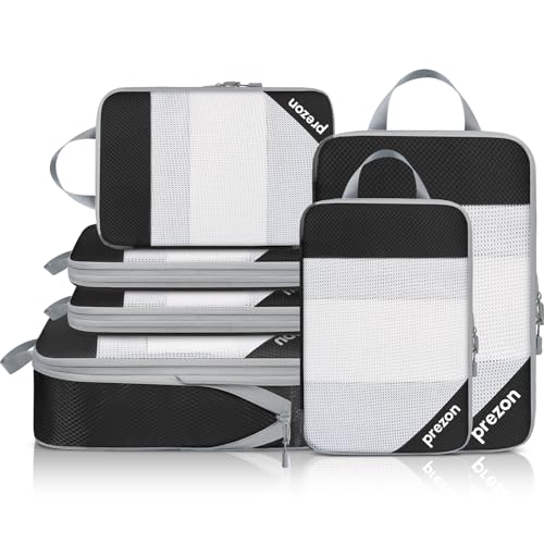 Prezon 6 Set Kompressions-Packwürfel, Durchsichtiges Design, Platzsparend, Leicht, Maßgeschneidertes Kationisches Material, Tragbarer und Langlebiger Gepäck-Organizer, Schwarz