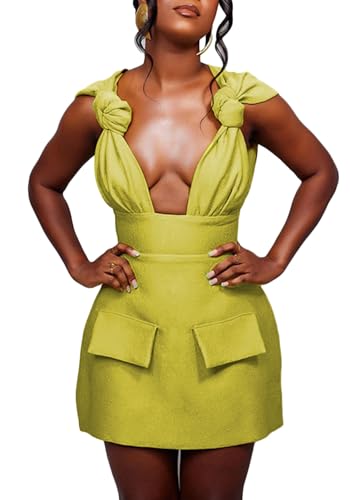 DINGANG Women's Summer Deep V-Neck Short Dress Halter Backless A Line Mini Dress Cocktail Dresses