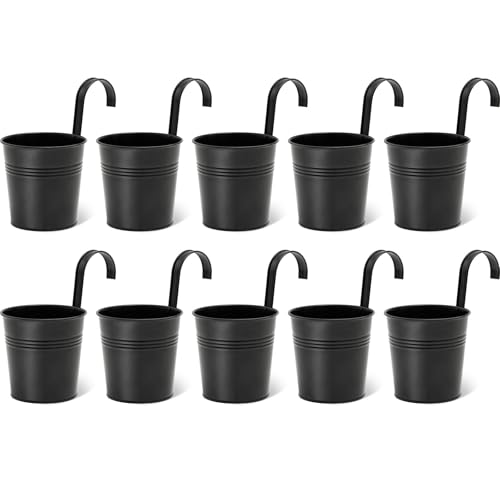 Bamworld Blumentopf hängend 10er Set 10cm Metall Hängetopf mit abnehmbaren Haken Vintage Balkon Deko für Geländer Zaun Kleiner Kräutertopf für Innen & Außen Pflanzeneimer Schwarz