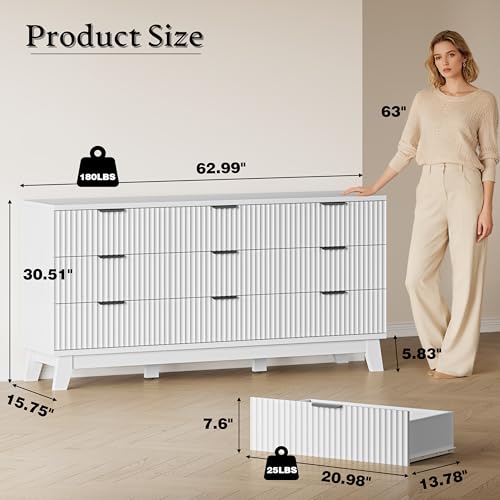 Image of BORNOON 63 inch Long Dresser for Bedroom, 9-Drawer Fluted Dresser, Extra-Wide Wood Chest of Drawers with Smooth Metal Slides, Stable Base, Modern Clothes Storage Cabinet for Living Room, Hallway, Nursery