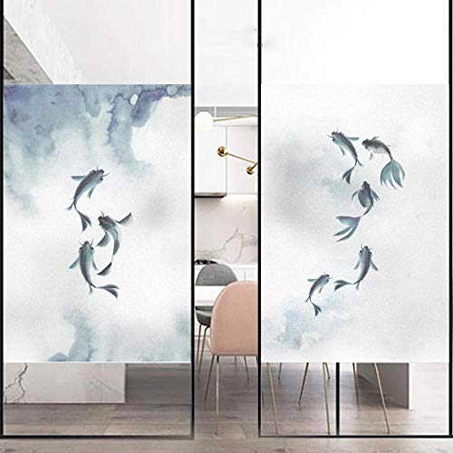 Window Film Privacy Frosted Fish Window Covering Decorative Window Stckers Static Window Clings Heat Control Window Treatment for Home/Office 21.65"x43.30"(55x110cm)