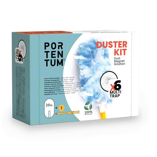 PORTENTUM Plumero Atrapapolvo, Set de 26 Recambios y 1 Mango - Kit de Limpieza Atrapa y Retiene Polvo, Pelo de Mascotas y Alérgenos, Plumero Quitapolvo Multiusos para Muebles, Coche y Electrónica