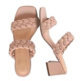CUSHIONAIRE Onyx Chunky Heels for Women – Braided Slip On Block Heel Womens Dress Shoes, Wide Widths Available., Nude, 9.5 Wide