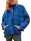 Freyhem Quilted Puffer Jacket Women Lightweight Short Zip Up Padded Coat with Pockets(Blue-S)