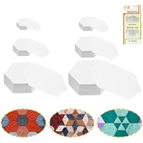 YAANBUNB 600 Pcs 6 Sizes Hexagon Paper Piecing Templates Handmade English Paper Piecing Polygon Paper Quilting Templates Patchwork Templates with 16 Pcs Sewing Needles for DIY Patchwork Sewing Crafts Cover