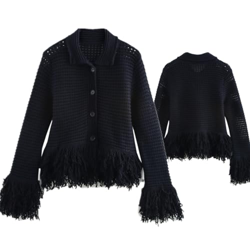 Minimalist Women's Hollow Knitted Jacket French Retro Single Breasted Tassel Black Sweaters Women Tops Knitwear3