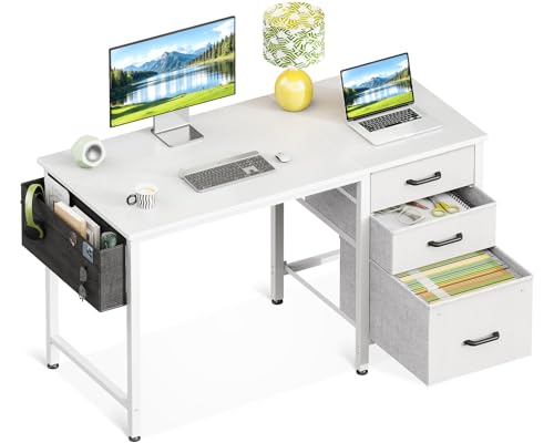 Casaottima 40 Inch Small Home Office Computer Desk for Bedroom with Fabric Drawers & File Cabinet, Cloth Storage Bag and Hook, Writing Study Work Desk for Small Space, Snow White