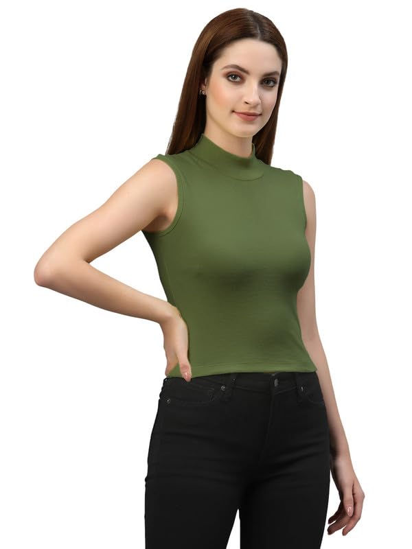 Women’s Ribbed Sleeveless Mock Neck Crop Top – Stretchable Cotton Blend | Solid Black Stylish Casual Tank-image-16