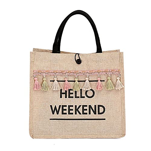 Grands sacs à provisions réutilisables pour femme en toile de jute écologique avec de beaux pompons et de longues poignées, Noir Cover