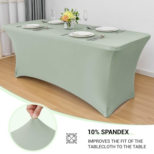 Image of Obstal 2PC Sage Green Tablecloth - 6ft Rectangle Spandex Table Cover for Party, Events, Banquets & Weddings, Machine Washble