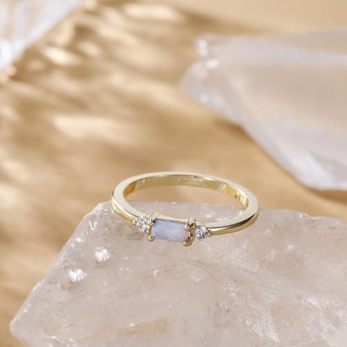 SHINYSO 14K Gold Plated Wedding Bands for Women Baguette Opal Ring Cubic Zirconia CZ Pave Thin Stackable Anniversary Rings for Her Size 4-102