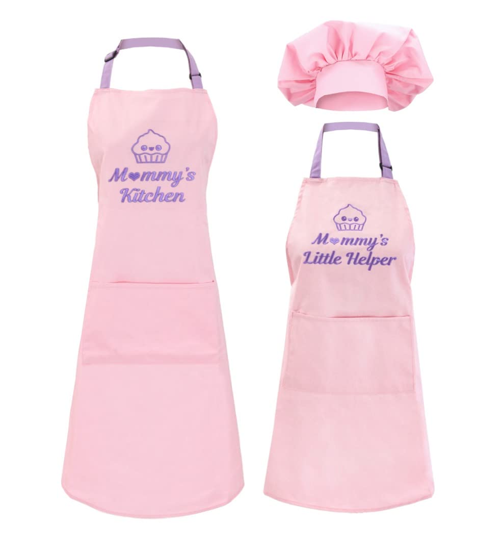 Littlebit & VixGift for Mommy Daughter Matching Aprons Set with Kid Chef Hat