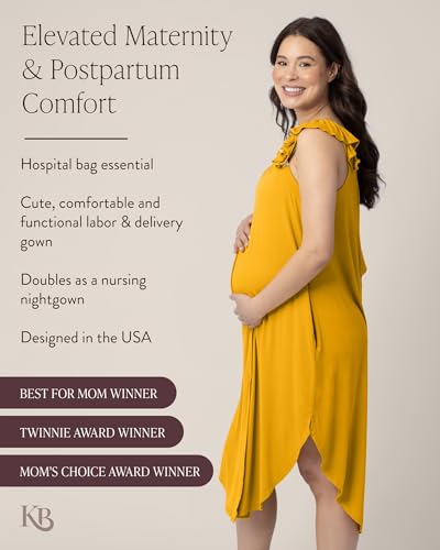 Image of Kindred Bravely Ruffle Strap Labor and Delivery Gown for Birthing & Nursing | Soft maternity hospital gown with velcro for monitoring, epidural, skin-to-skin contact, breastfeeding nightgown with pockets
