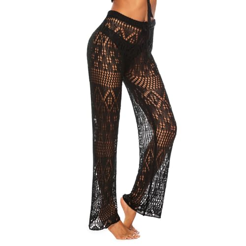 Pantalones bohemios para mujer, con abertura de ganchillo, cintura alta, malla de malla, traje de baño para playa, vacaciones, Negro, M