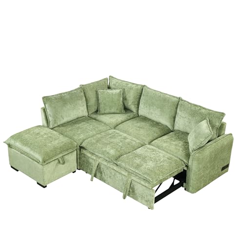Image of ERYE 82.5 inch L-Shaped Left Facing Corner Sleeper Sectional Sofa with Pull Out Sleeper Couch Bed for Living Room,L-Shaped Boucle Upholstered Convertible Sofabed W /Storage Ottoman