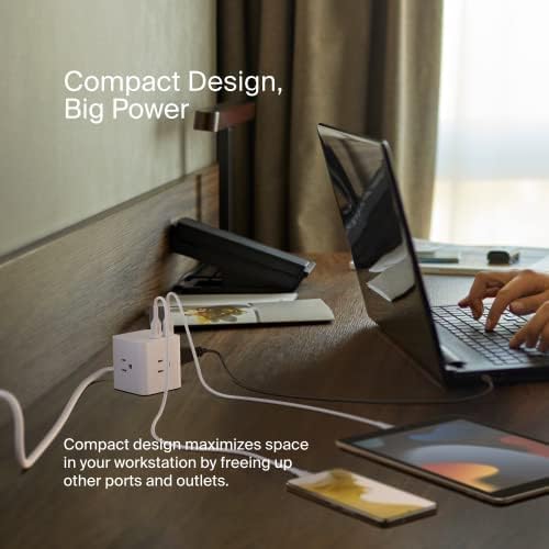 Miniatura 4 de Belkin Cubo de alimentación de 6 tomas con 3 salidas de CA, 3 puertos USB-A y cable de extensión resistente de 5 pies, práctico cubo compacto para