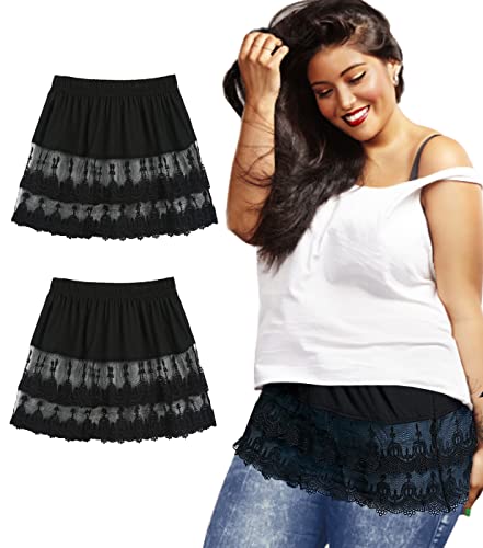 Lot de 2 rallonges de chemise réglables pour femme - Taille haute - Mini jupe en dentelle - Pour sweat-shirts leggings sous une jupe ou un chemisier, 006 Noir, XL Cover