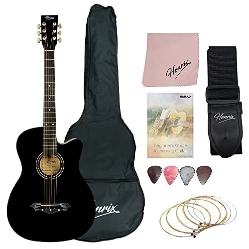 Image of Henrix 38C PRO 38 Inch Bass Wood Cutaway Acoustic Guitar With Die-Cast Tuners, Dual-Action Truss Rod, Gig-Bag, Picks, String Set, String Winder, Strap & Polishing Cloth - Black