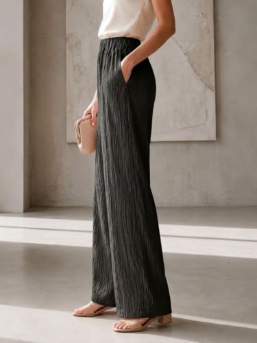 Image of Women's High Waist Wide Leg Trousers | Textured Crinkle Palazzo Pants | Elastic Waist Casual Formal Office Wear Trousers | Comfortable Lightweight Bottom Wear for Women