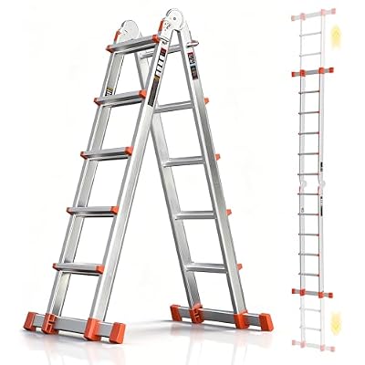 Soctone Telescoping Ladder, A Frame Ladder, Multi Position with Stabilizer Bar, 330 lbs Security Load Ladder for Stairs Household or Outdoor Roof, 17 Ft, Orange