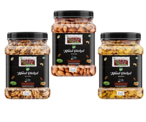 Image of English Nuts Dry Fruits Combo Pack Of Almonds Walnuts Raisins 600g| Badam Akhrot Kishmish | Almonds, Walnuts, Raisins (3 x 200 g)
