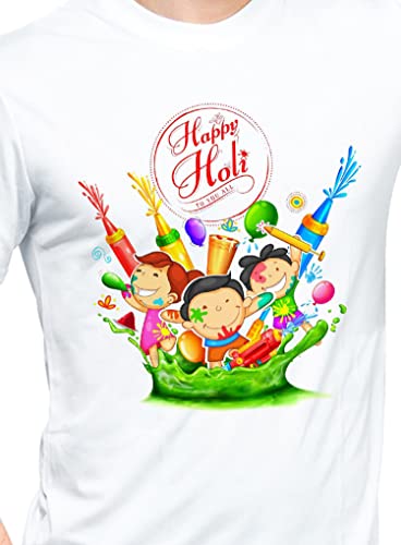 Image of Knitted Polycotton Fabric Regular Fit Men Boys Half Sleeve T-Shirt for Festival of Holi Style 16 White Size : Free