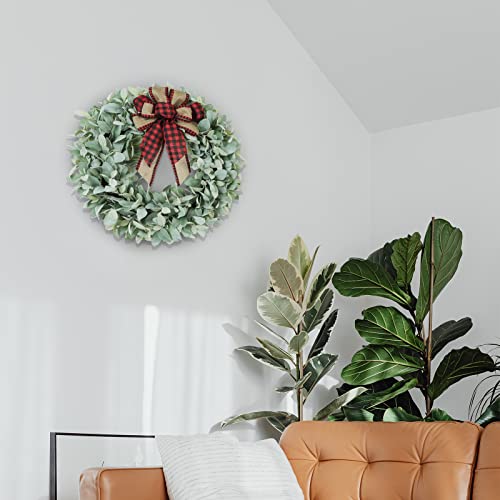 Wreaths, 22Inch Wreath For Front Door,Green Flocked Lambs Ear Wreath,With 3Pcs Bows 1Pcs Door Hanger For Home Porch Farmhouse Wall Window Patio Garden Decoration For All Seasons And Holidays #TOP6