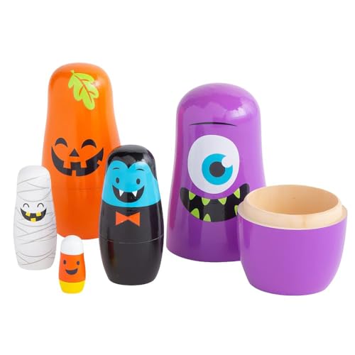 Fun Express Halloween Nesting Dolls - Russian Matryoshka Style Wooden Stacking Dolls Set of 5 | Kids Halloween Decor & Educational Nesting Toys for Toddlers 1-3 | Small Dolls for Girls & Boys Gift