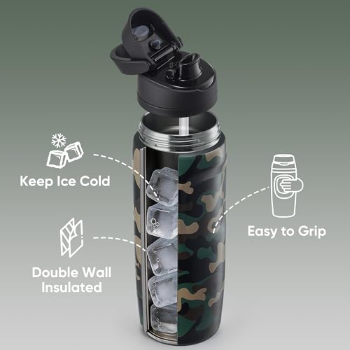 Image of Fijinhom 24 oz Insulated Water Bottle,Stainless Steel Sports Water Bottle with Straw, Double Wall Vacuum Leak Proof, Cold for 24 Hours, BPA Free for Travel, Sport, Outdoor, Camouflage color