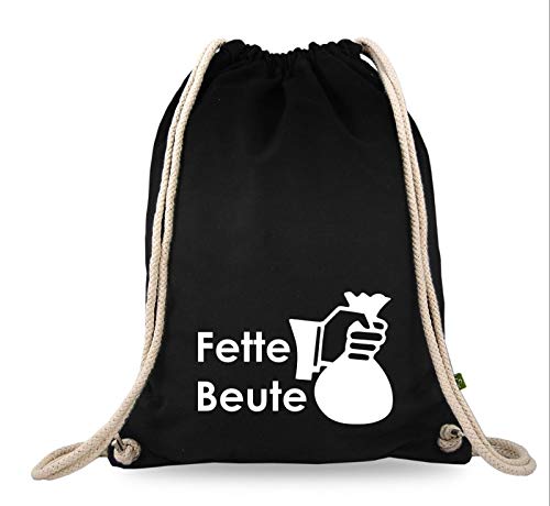 Turnbeutelliebe® Turnbeutel mit Spruch - Fette Beute - Baumwolle schwarz - Sportbeutel - Rucksack - Stoffbeutel - Gym Bag - ca. 12 Liter - 37 x 46 cm Cover