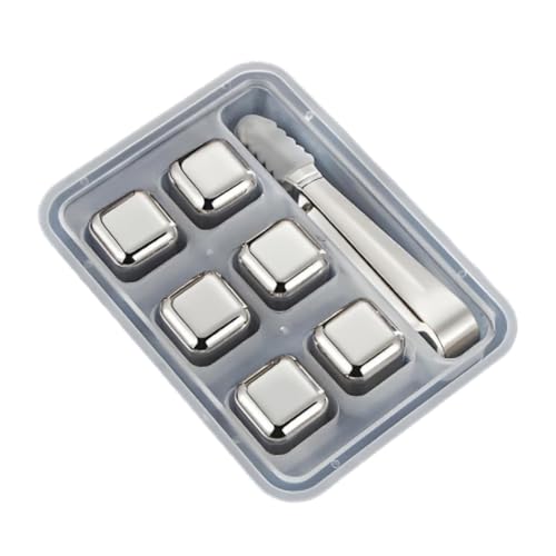 Image of 6 Stainless Steel Whiskey Stones Ice Cubes with Tongs & Container - Food Grade Quick-Frozen Ice for Red Wine, Whiskey, Cocktails - Reusable Metal Ice Cubes for Chilling Drinks (6 PIC)