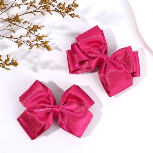 CN 4.5 Inch Hot Pink Glitter Hair Bows for Girls Alligator Clips Sparkly Satin Hair Accessories for Kids Toddler Women on Birthday Wedding Christmas and Party