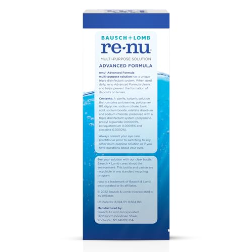 Renu Contact Lens Solution Multipurpose Disinfectant, Advanced Formula Lens Cleaner, Cleans & Moisturizes Soft & Silicon Hydrogel Lenses, 12 Fl Oz (Pack of 2)