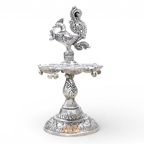 Image of Kridaykraft Metal Peacock Diya Samai Oil Lamp, Silver Finish, Traditional Indian Decor, 19 cm Height, 270 gm, Handcrafted Design
