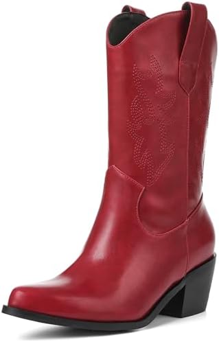 VIMISAOI Womens Cowboy Boots Comfortable Retro Pull On Pointed Toe Wide Calf Long Tall Block Chunky Heel Embroidered Western Cowgirl Mid Calf Boots